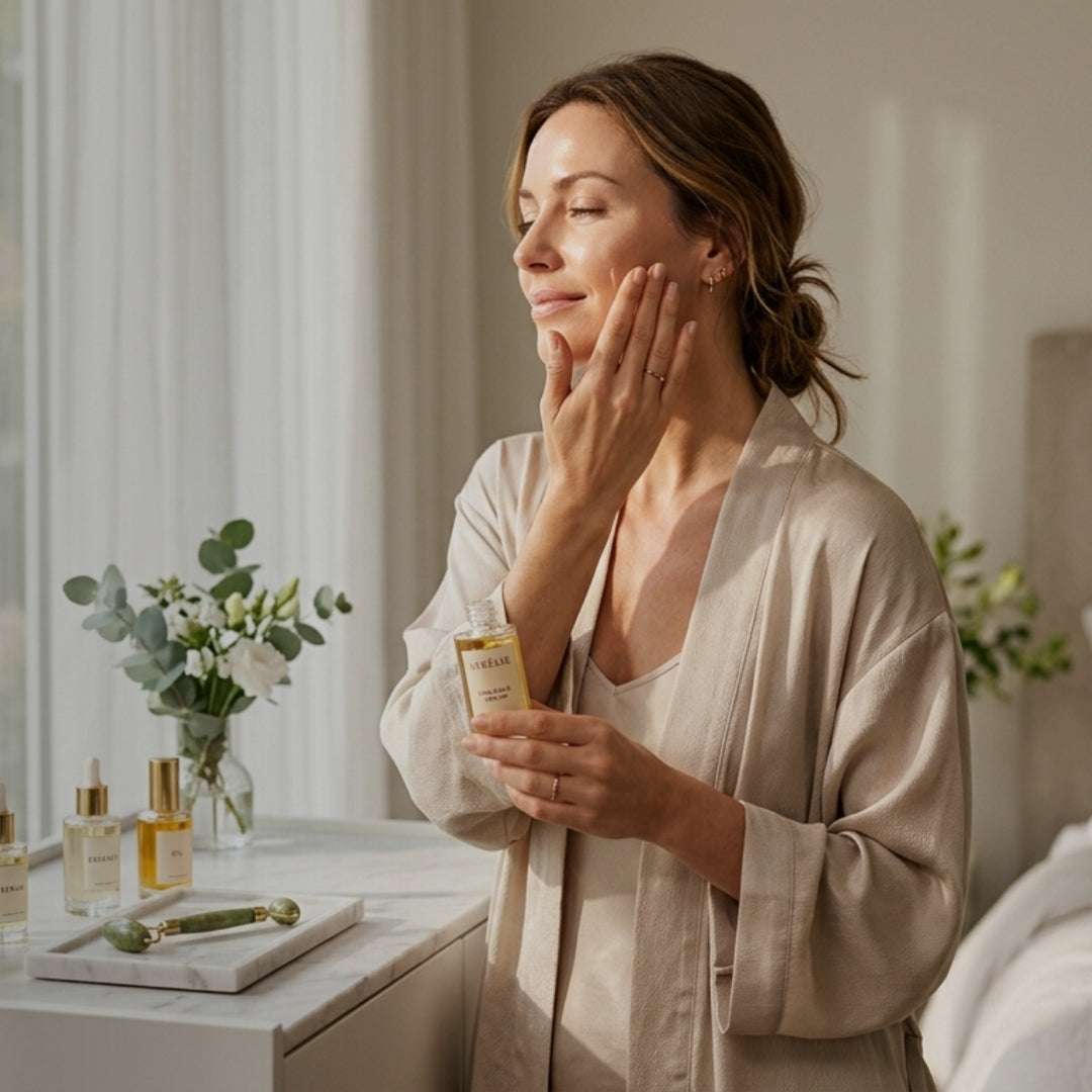 Woman applying skincare product in a bright room with plants and skincare items on a table.