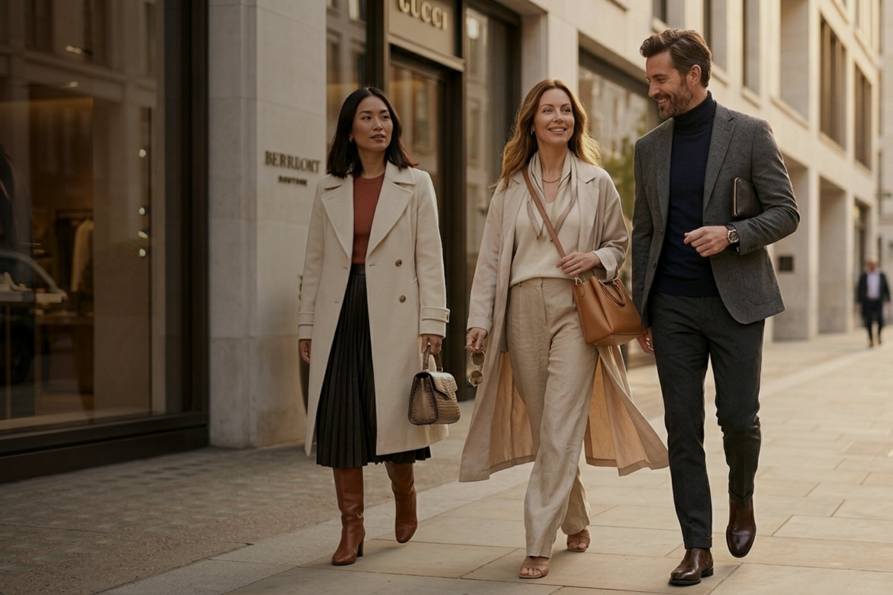 Three people walking on a city street, with a focus on fashion and lifestyle.