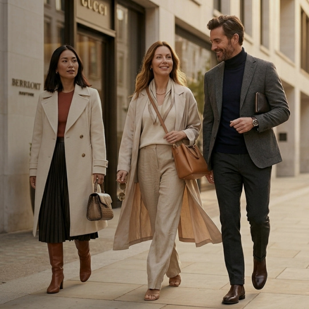 Three people walking together on a city street, with a Gucci store in the background.