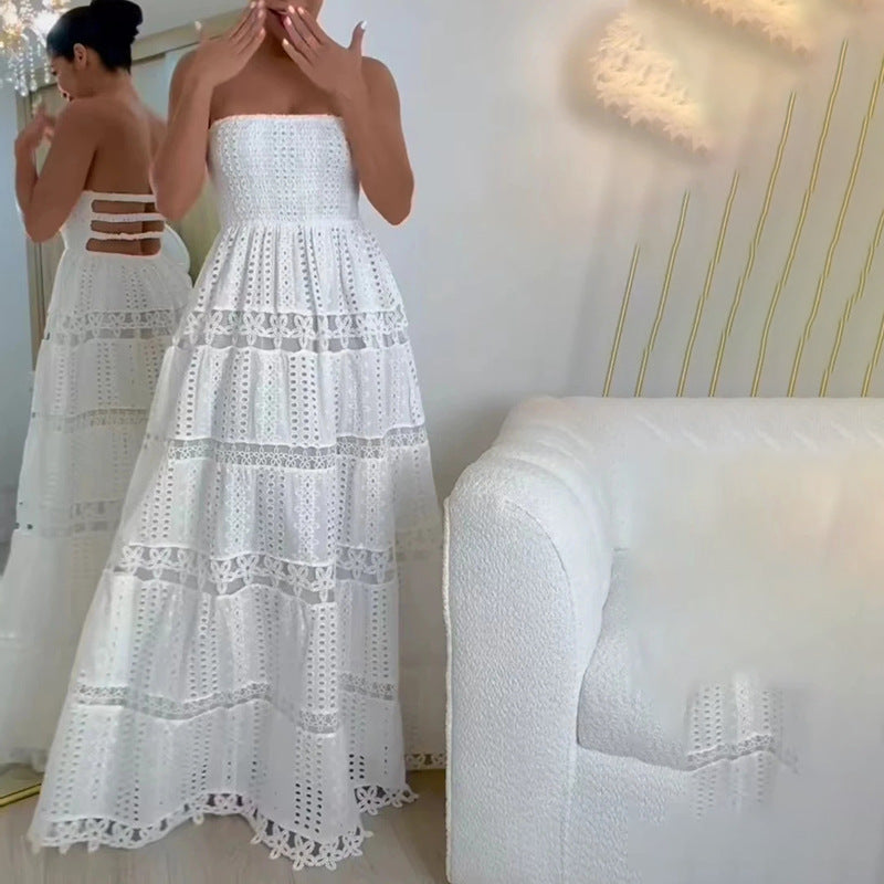 Casual Maxi Dress Embroidery Cutout Tube Top Spring Women