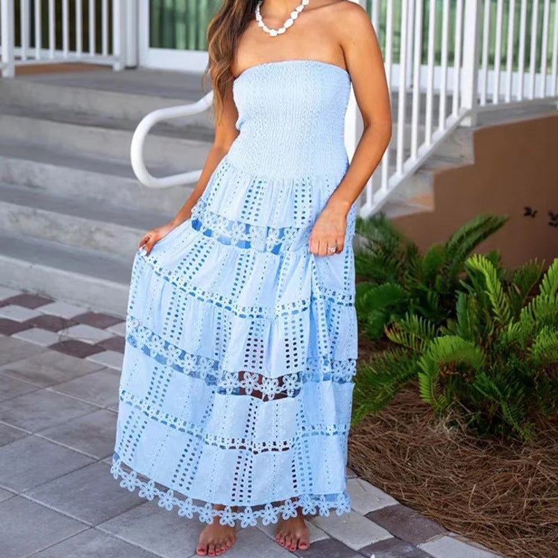 Casual Maxi Dress Embroidery Cutout Tube Top Spring Women