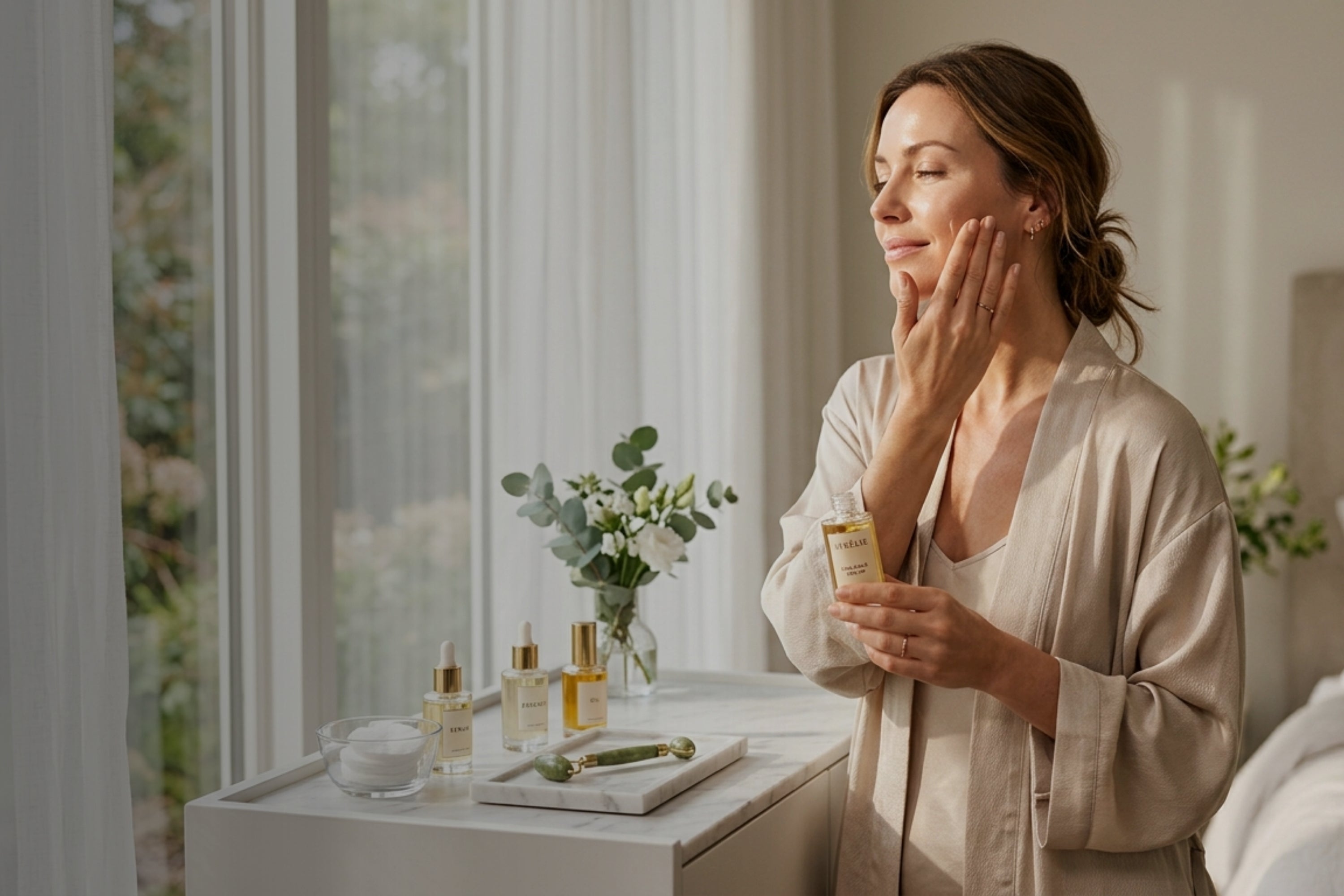 Woman applying skincare product in a bright room with natural light