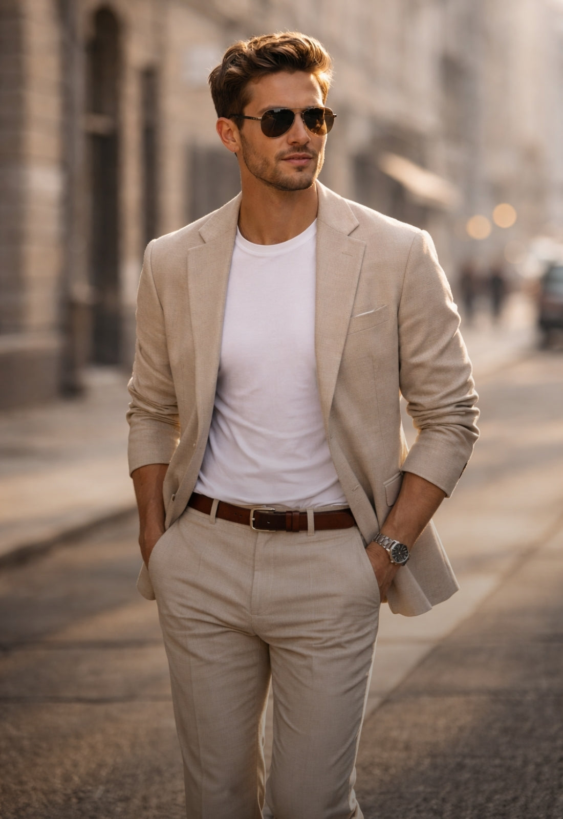 Man in beige suit and sunglasses walking on a street