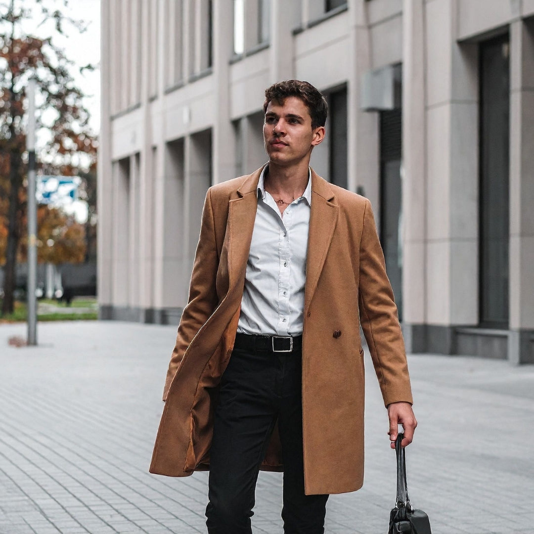 Man in a brown coat walking with a suitcase on a city street.